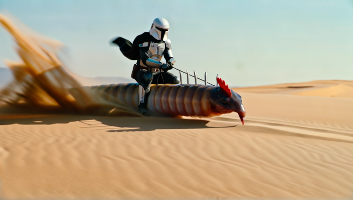 Slow-motion tracking shot of a sandworm ride