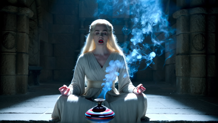 Medium shot inside a dimly lit stone chamber