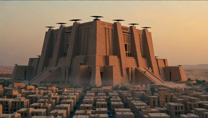 Wide establishing shot of the Arrakeen palace at dawn