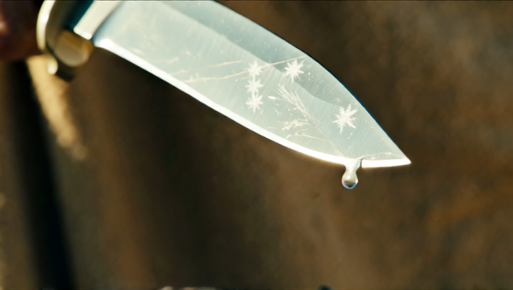 Extreme close-up of a crysknife being drawn from its sheath