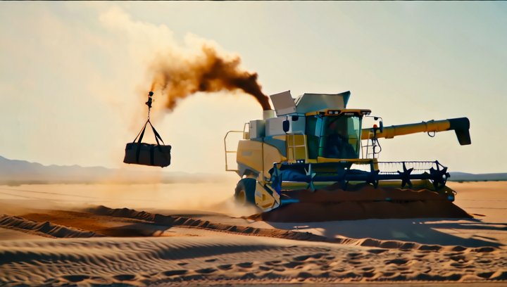Cinematic wide shot of a spice harvester operating on the open desert