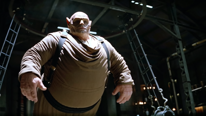 Dutch angle medium shot of Baron Harkonnen floating in a dark industrial cham...