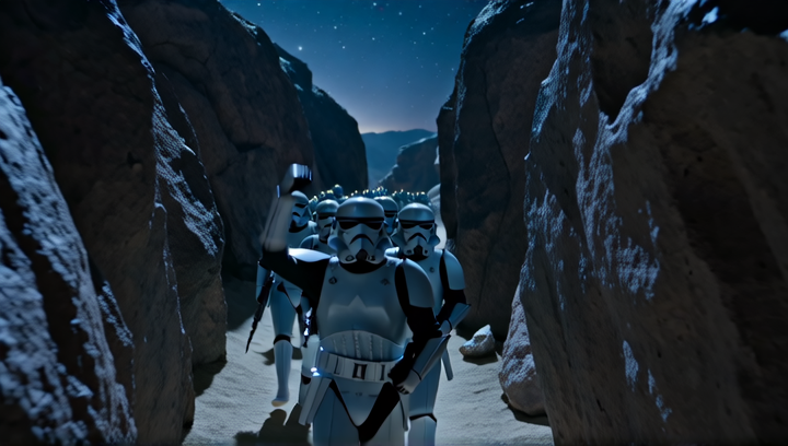 Tracking shot following a squad of Sardaukar soldiers advancing through a nar...