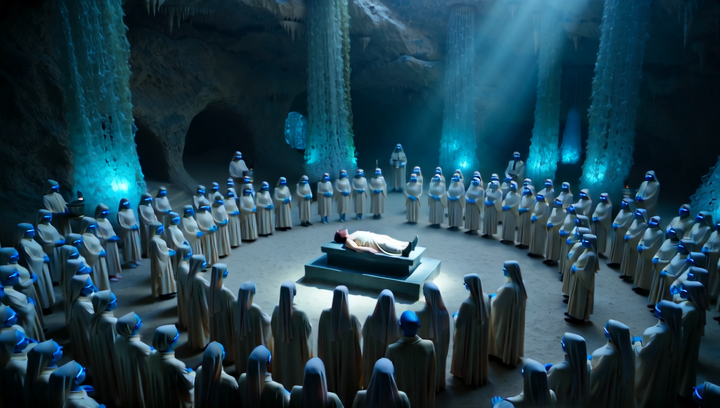 Wide shot of a Fremen funeral ceremony in a deep cave