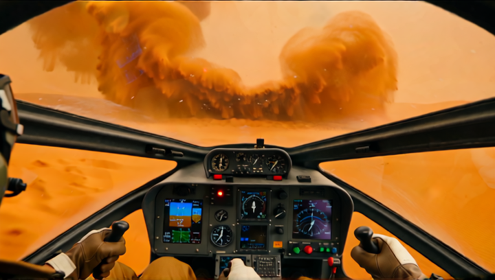 Point-of-view shot from inside an ornithopter cockpit during a sandstorm
