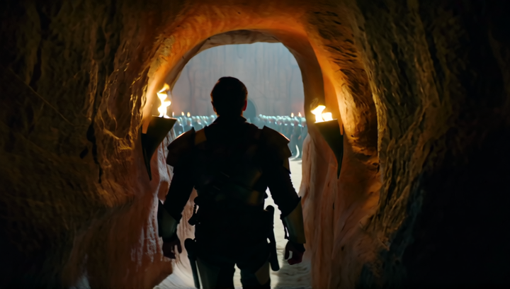 Cinematic rear tracking shot of Stilgar walking through a narrow sietch corri...