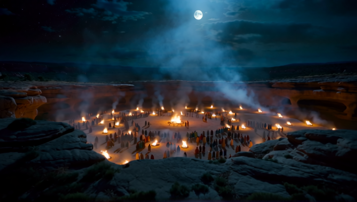 Cinematic aerial shot of a massive Fremen camp hidden in a rock basin at night
