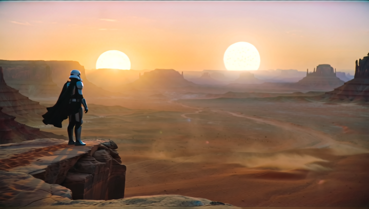 Slow push-in on Paul Atreides standing alone at the edge of a cliff overlooki...