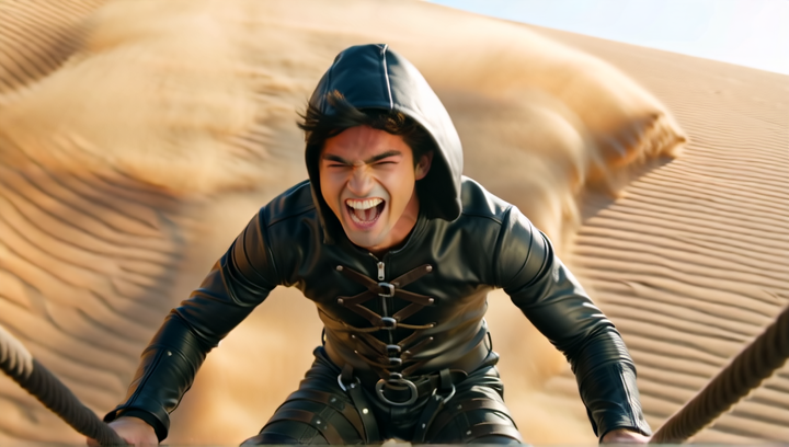 A young man in a skin-tight black leather suit laced with criss-crossing stra...