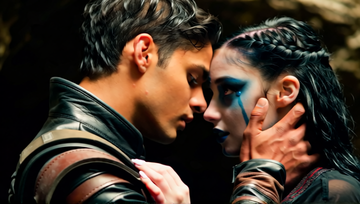 Extreme close-up of two lovers pressing their foreheads together inside a dim...