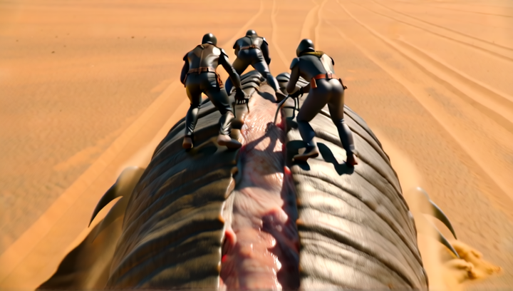 Tracking shot from behind as a massive creature — a worm-like leviathan at le...