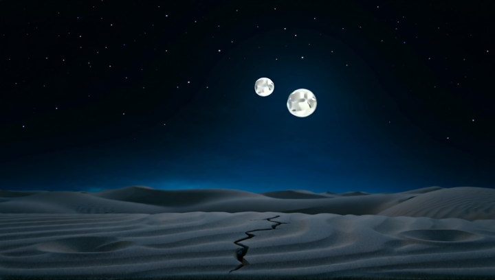 Static wide shot, eerie and foreboding