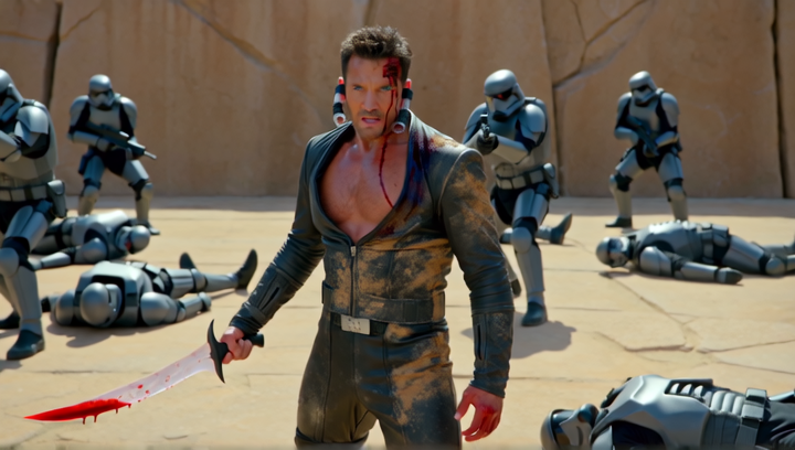 Slow-motion medium shot of a final stand