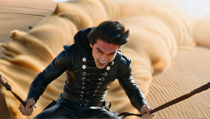 A young man in a skin-tight black leather suit laced with criss-crossing stra...