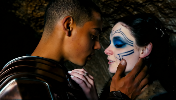 Extreme close-up of two lovers pressing their foreheads together inside a dim...