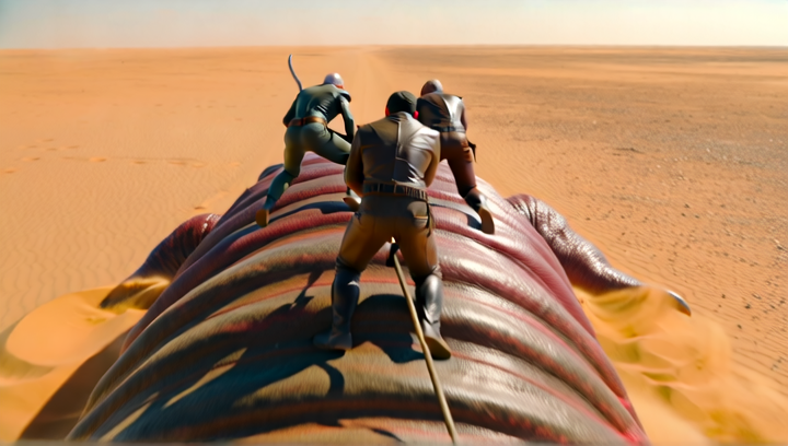 Tracking shot from behind as a massive creature — a worm-like leviathan at le...